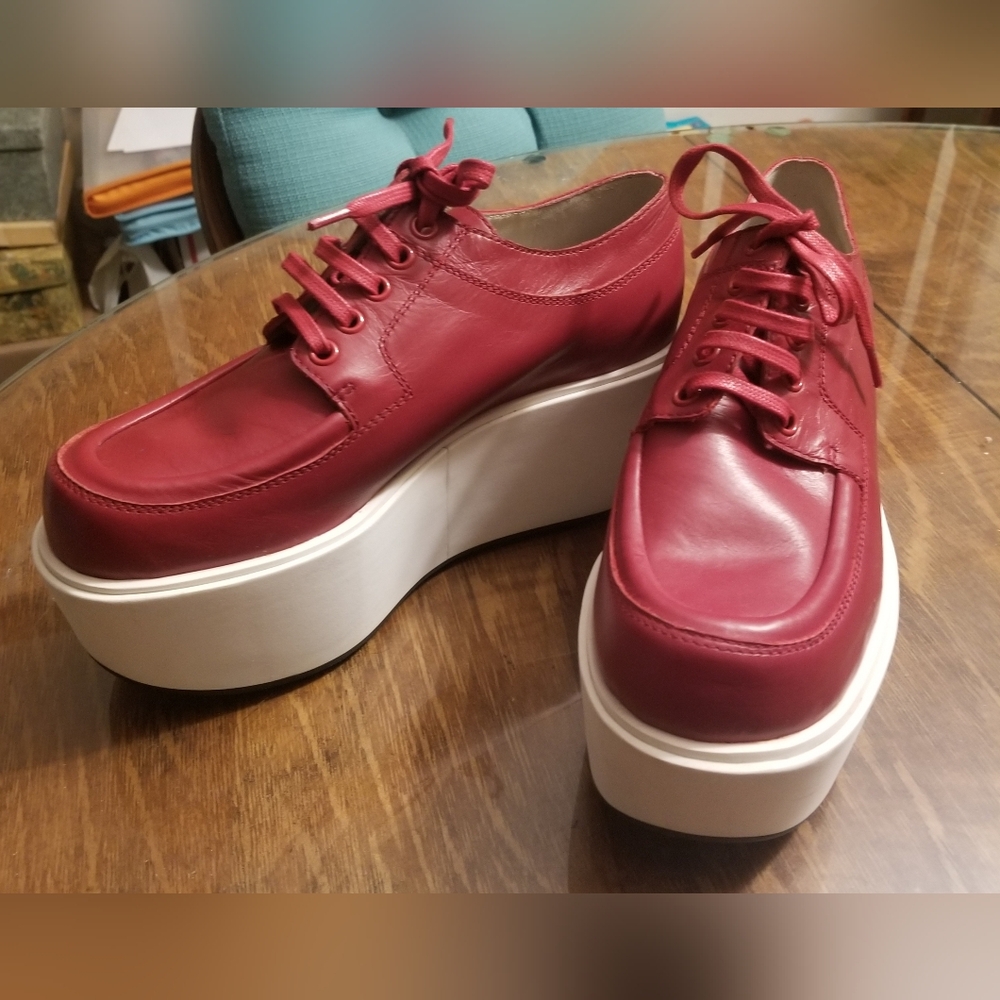 Jil Sander Navy Cranberry Red Lace Up Platforms 38